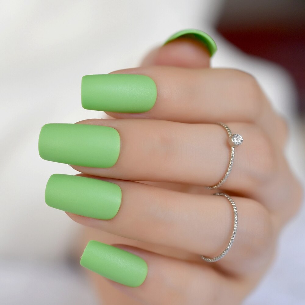 Uñas postizas instantáneas esmeriladas, uñas artísticas cuadradas verdes mate, DIY, puntas de uñas artificiales de medio-largo para mujer a elegir