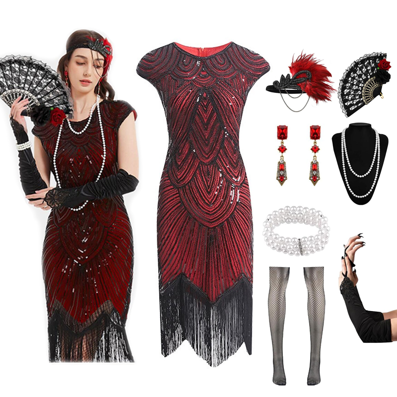 Flapper-Kleider für Damen, 1920er-Jahre, Pailletten, Fransen, Perlen, Cocktailkleid mit Rundhalsausschnitt, Roaring 20er-Jahre-Accessoires, Vintage-Spitzenkleid: L / Black