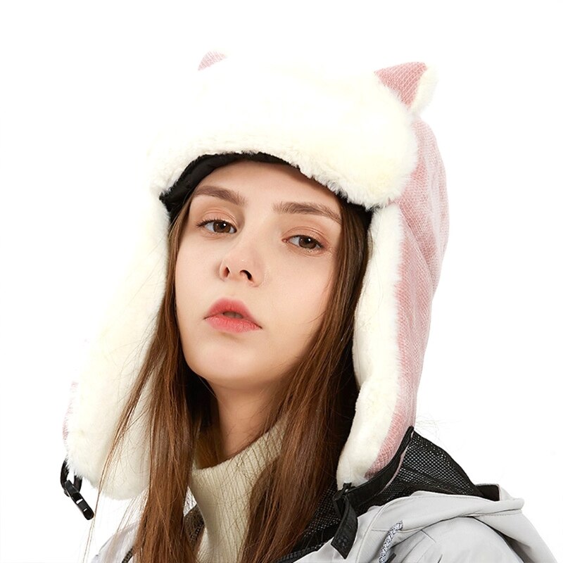 Women Winter Thicken Plush Lining Trooper Bomber Hat Lady Cute Cat Ears Outdoor Cold Weather Snow Ski Windproof Earflap Cap: Pink