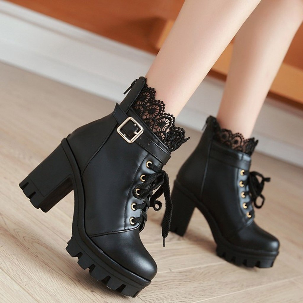 Moda damska gruby wysoki obcas zasznurować botki platforma koronkowe buty studenckie buty kwadratowe szpilki woemn skórzane buty: Black / 40