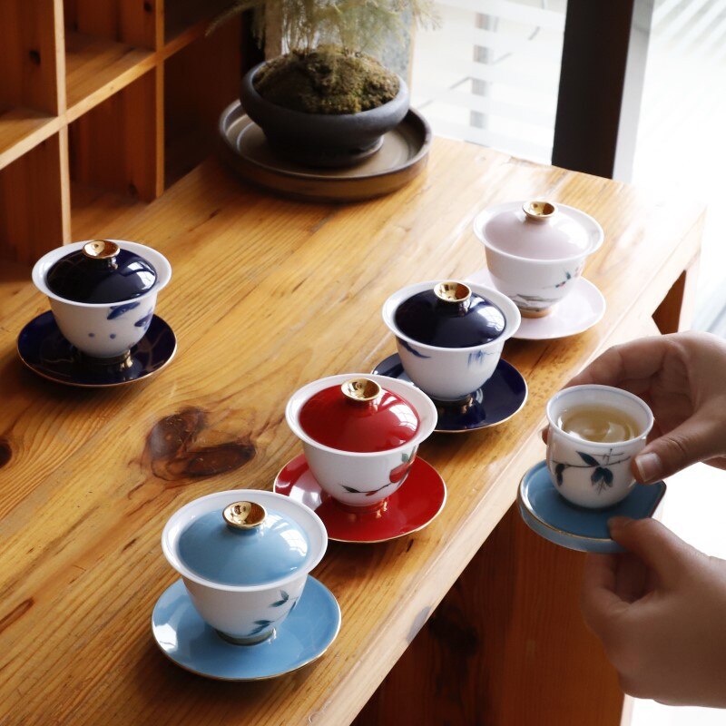 Taza De cerámica para té Gai Wan Cha pintada a mano, tetera De té Kung Fu, tazón Sancai De porcelana De cáscara De huevo, Sopera De CeramicaGaiwan