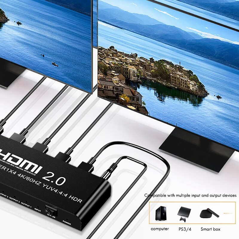 Hdmi 2.0 1X4 Splitter Hd Video Splitter 4K 60Hz Voor Computer Monitor Dvd-speler Projector Televisie (Eu plug)