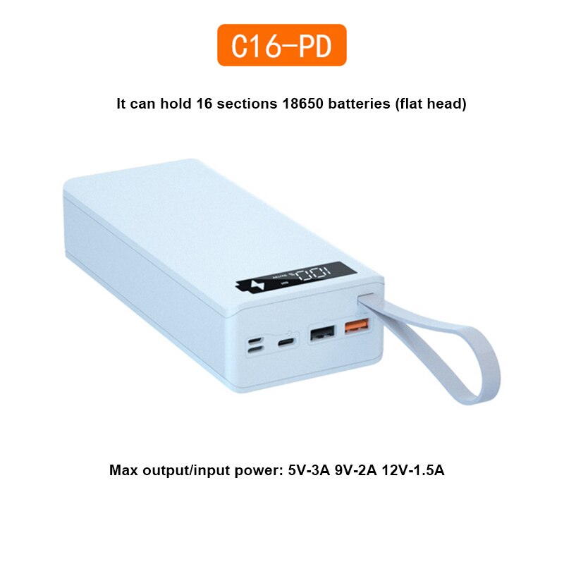 16*18650 batteri power bank taske oplader boks holder dobbelt usb lcd display support hurtig &amp; trådløs opladning til iphone 13 xr 12: Pd hurtig hvid