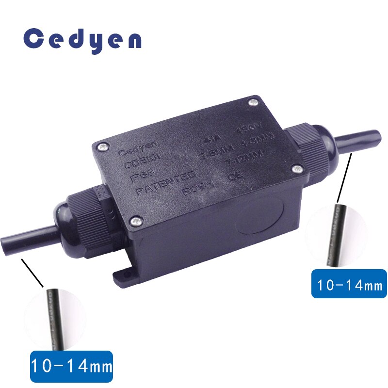 Outdoor Waterproof Junction Box Electrical Case Cable Wire Connector Two Ways IP68 Black Sealed Plastic Underwater with Terminal: 2P 10-14mm