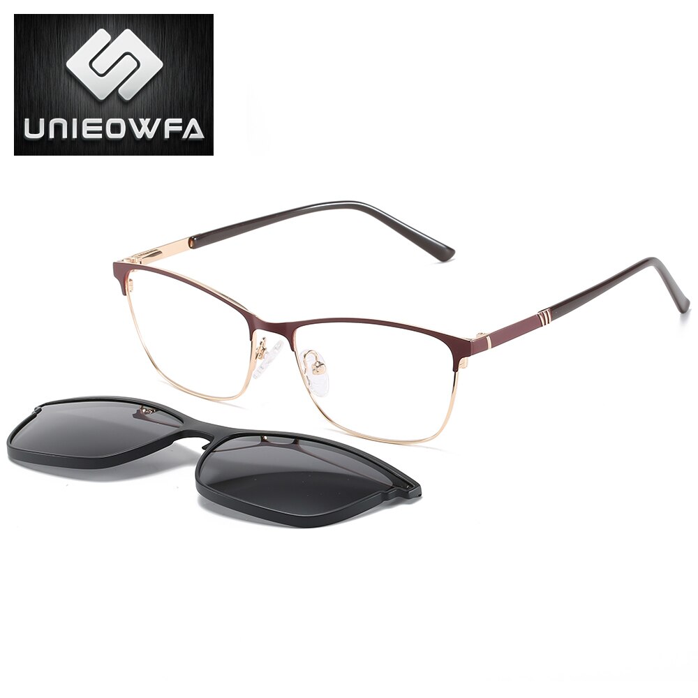 Myopia Prescription Eyeglasses Frame Optical Magnet Clip Glasses Frame Women Cat Eye Polarized Magnet Clip on Sunglasses Female: C2 Brown