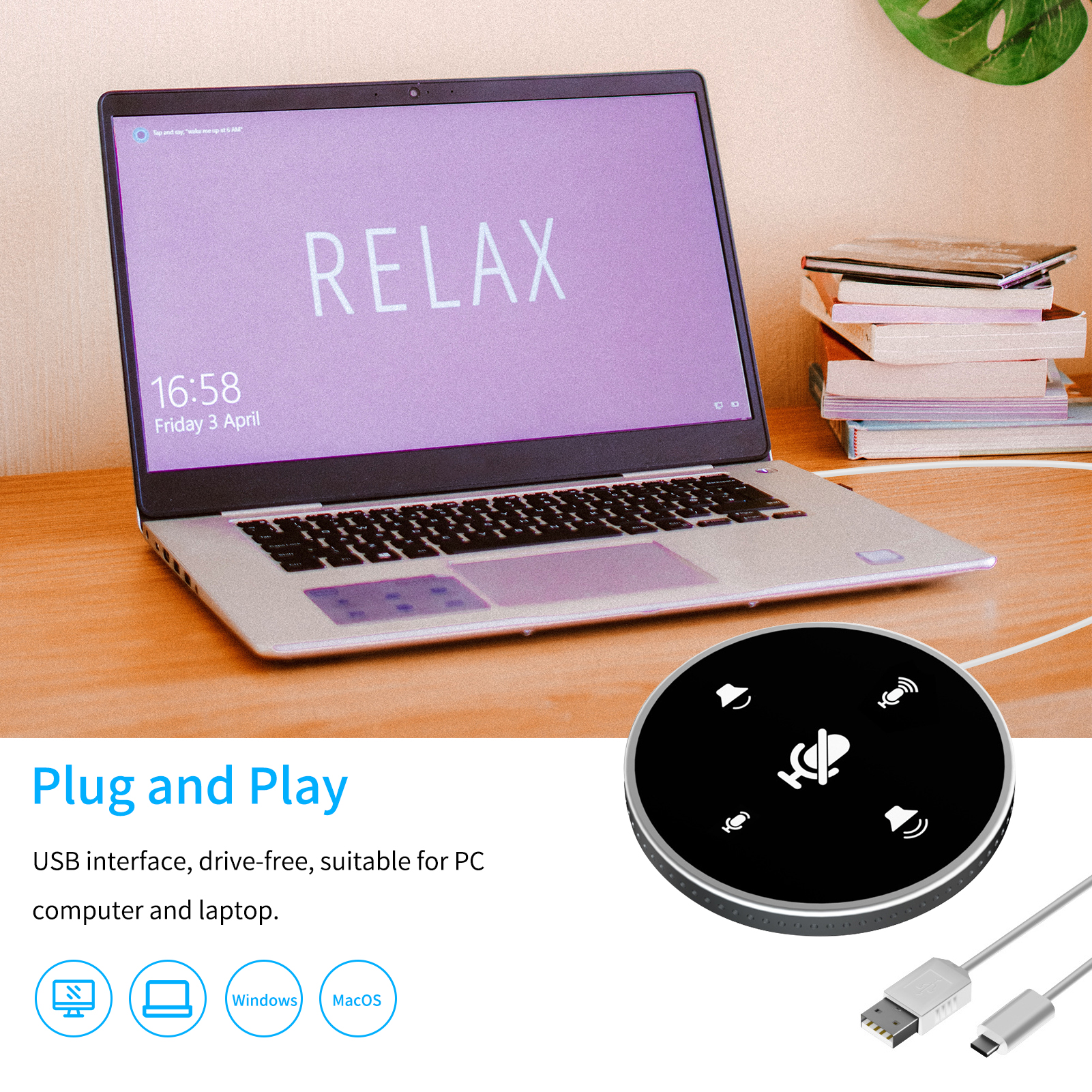 Microphone haut-parleur de conférence USB de bureau, haut-parleur intégré, omnidirectionnel à 360 °, micro à condensateur pour PC, ordinateur portable