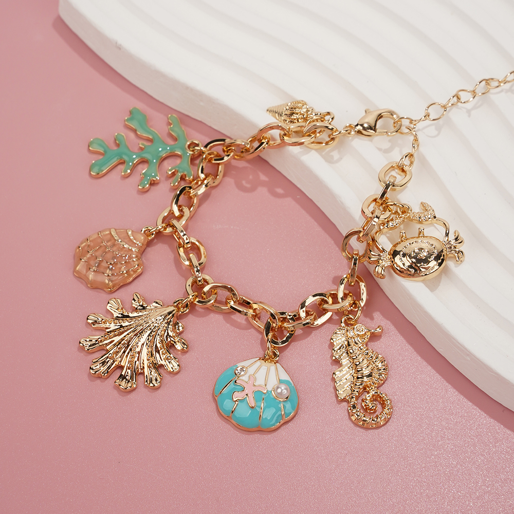 Moda colorida estrela do mar concha concha pulseiras para mulheres ouro-cor corrente pulseira oceano verão praia jóias: Estampagem a quente