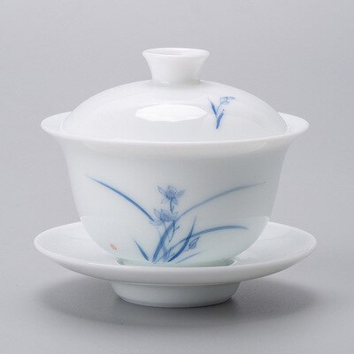 120ml di porcellana bianca avorio GaiWan dipinto a mano paesaggio tè zuppiera ciotola in ceramica con coperchio Sopera latte Oolong tè Kung Fu Teaset: A