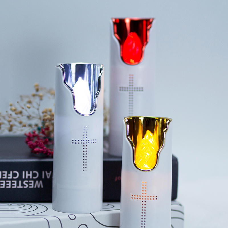 Bougie LED sans flamme pour prière, flamme oscillante avec haut-parleur musical, piles sèches, lampe à bougie en plastique pour église et tombe