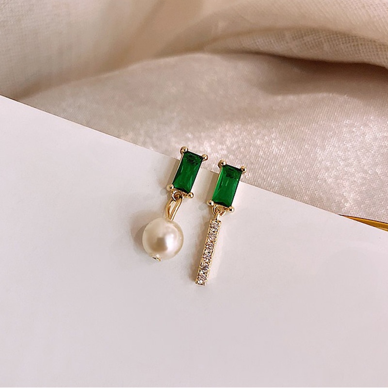 Retro Green Zircon Pearl Stud Earrings For Women Classic Geometric Shiny Rhinestone Earring Girl Temperament Jewelry