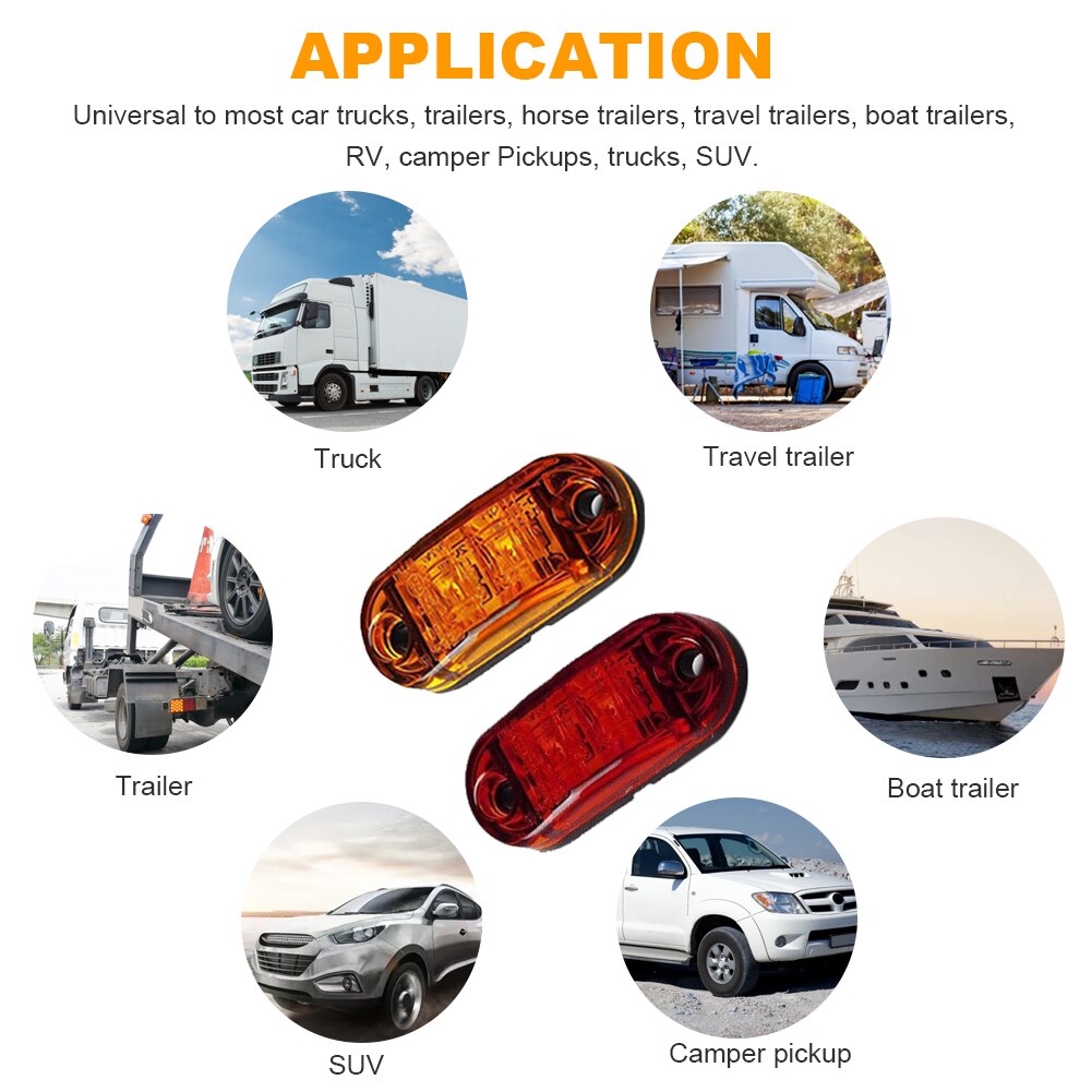 Red LED Car Side Marker Lights for Trailer Truck Pickup RV Oval 2.5" 5pcs Amber and 5pcs