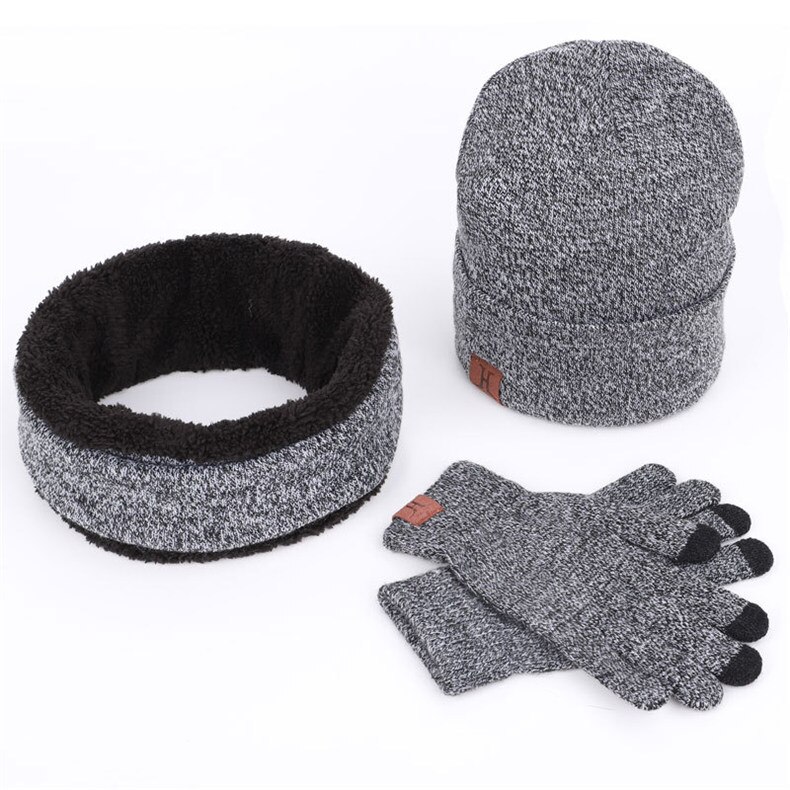 BADAMANASets 3 Winter Unisex Knitted Beanies Hats Men Warm Hat With Bib Touch Screen Gloves Women Bonnet Beanie Cap Outdoor Ridi: 2