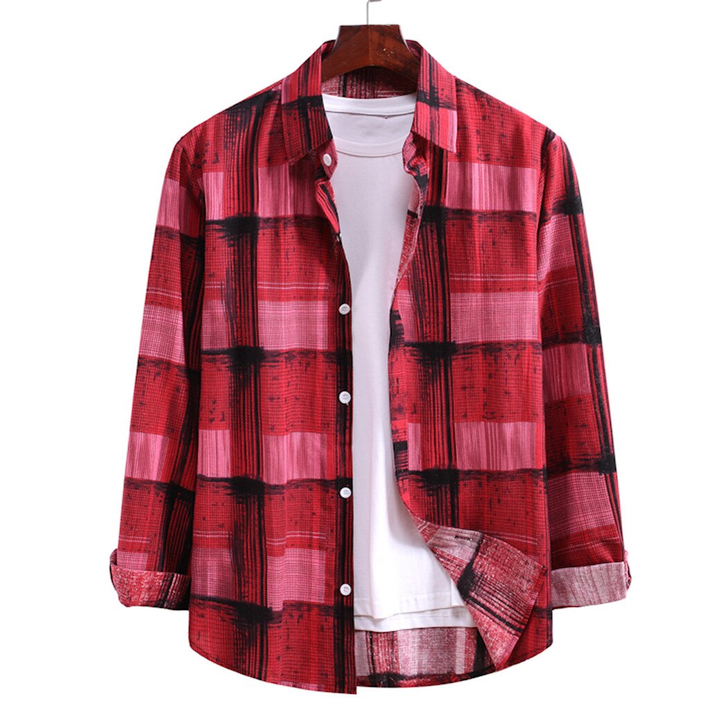 Casual camisa masculina camisa de manga comprida camisa de lapela de impressão xadrez camisa de manga comprida masculina marca baggy camisa casual chemise homme