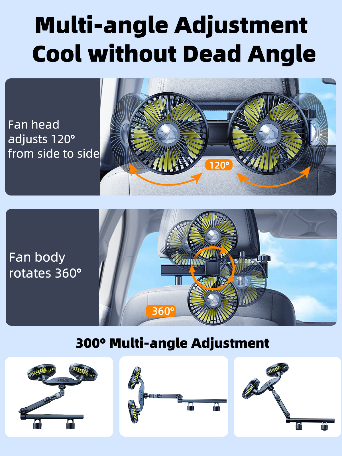 Eary-ventilador de doble cabezal para coche, soporte para reposacabezas del asiento trasero, carga USB, brazo largo, ajustable, viento de 3 velocidades, potente ventilador de refrigeración de aire