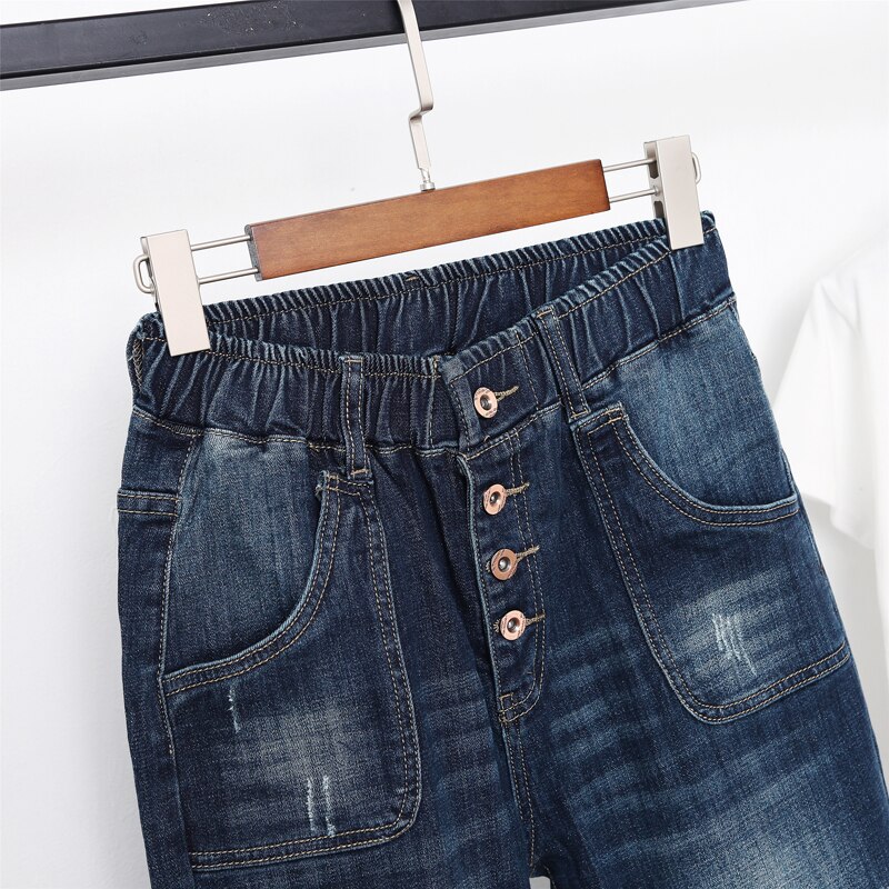 Jeans en Denim pour femmes, pantalon de grande taille, 5XL, taille élastique pour 100kg, longueur cheville, été, Empire, décontracté