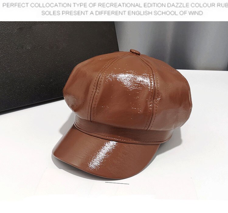 Eleganckie czapki dla kobiet jasny sztuczny skórzany rondo ośmiokątny kapelusz dorywczo beret jesień czapka zimowa brytyjskie kapelusze retro dama koreańnarty: brązowy