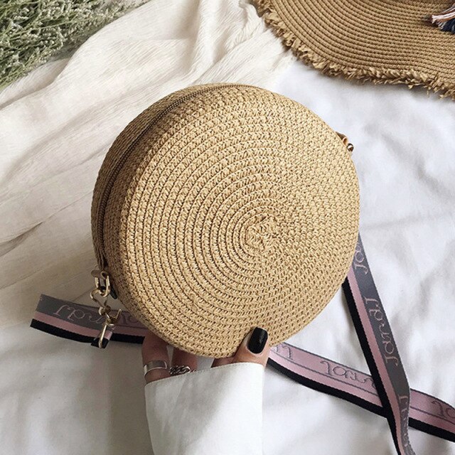 Yogodlns runde stråvesker til kvinner sommerrotting vevd strandveske håndlaget veving crossbody skulderveske bohemia håndveske: Mørkkhaki -2