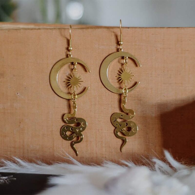 Celestial snake Crescent moon earrings Snake jewelry Witch earrings Enchanted jewellery Unusual Long earrings Witchy vibes