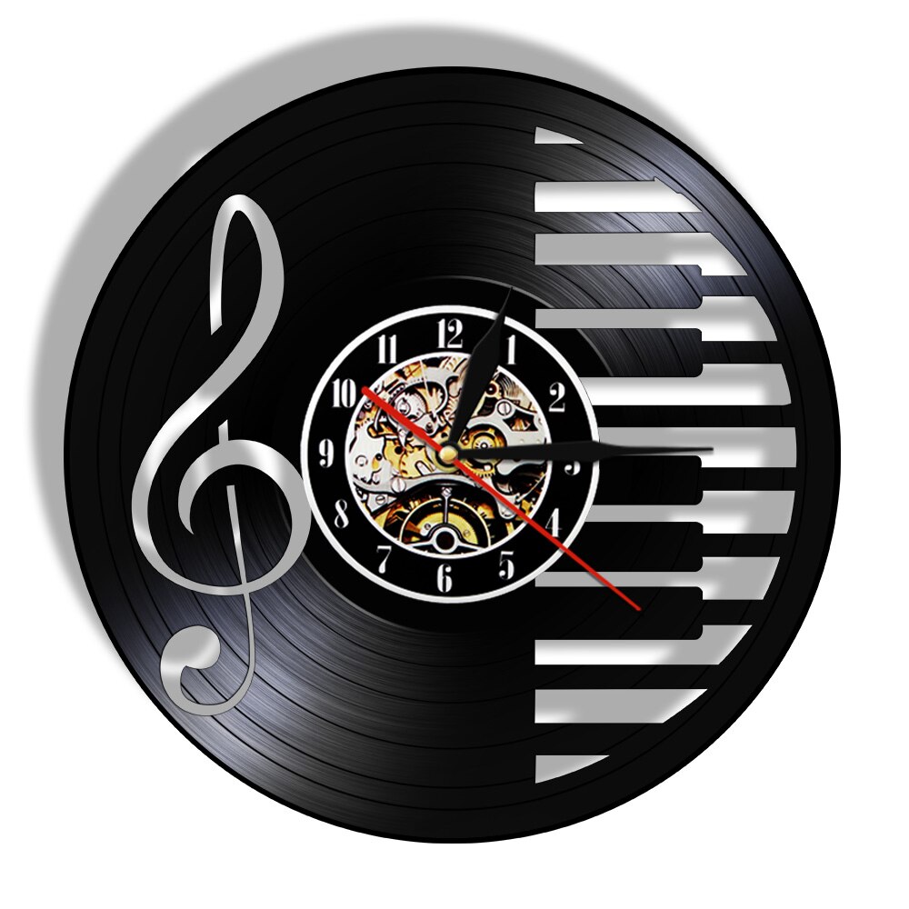 Music Notes Vinyl Record Wall Clock Piano Party Wall Art Decor Clocks Watch Treble Clef Symbols Musical Silhouette Home Wall Art