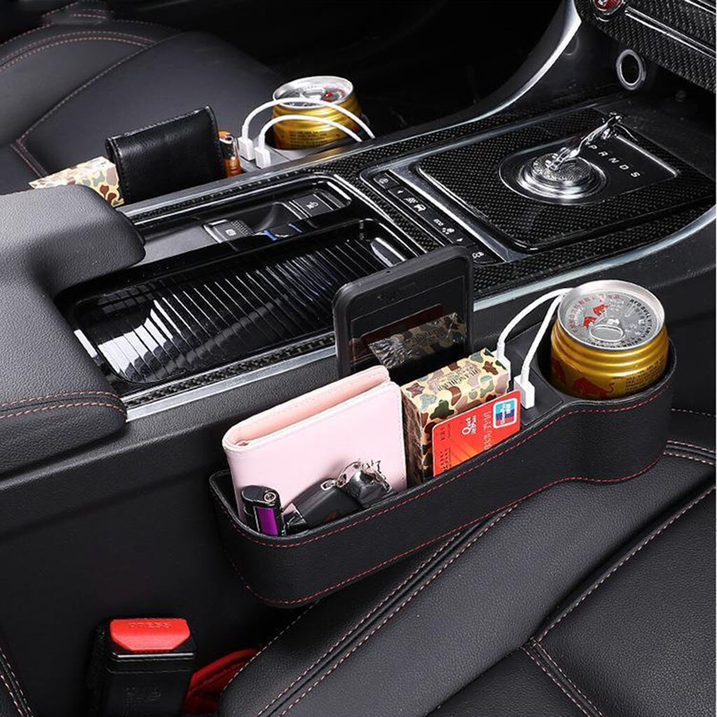 Organisateur d'écart de siège de voiture, multifonctionnel avec la double charge d'usb, porte-boîte de rangement de boisson de tasse pour le côté conducteur/passager