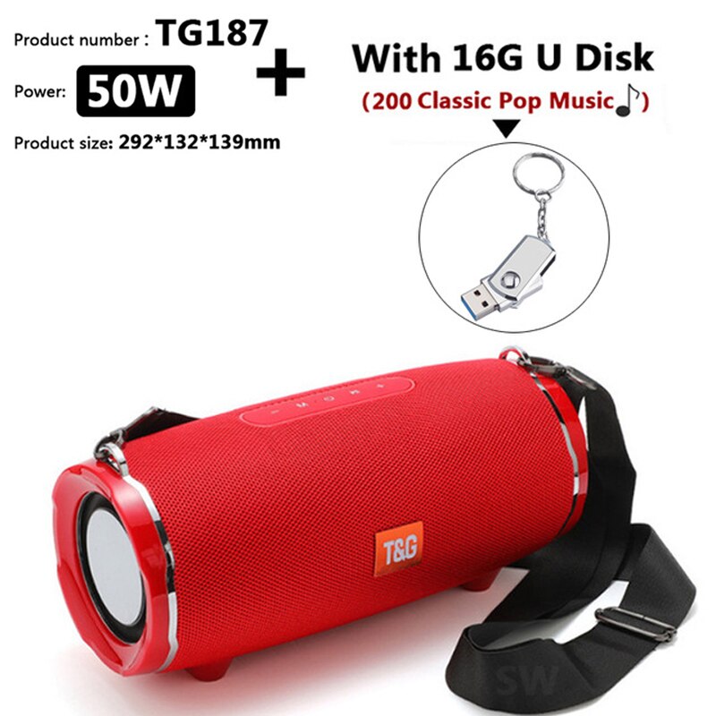 TG187 Altoparlante Bluetooth da 50 W ad alta potenza Colonna portatile impermeabile da esterno Altoparlante potente per altoparlanti per computer Subwoofer BoomBox Supporto per sistema 3DStereo Music Center TF FM AUX: TG187 Red U disk