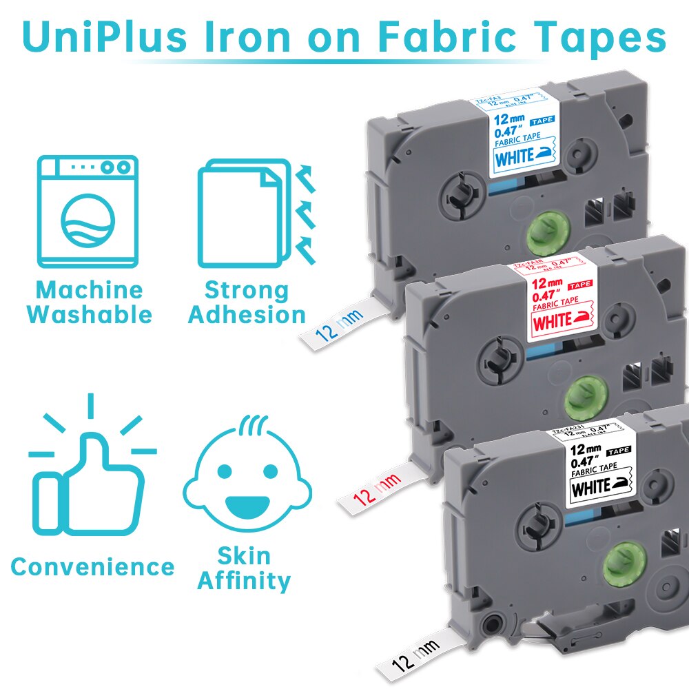 UniPlus 12/18mm Label Tape FA3 FA3R FA231 Fabric Tapes Fabric Iron on Clothes FA241 FA4 Compatible Label Maker Black on White