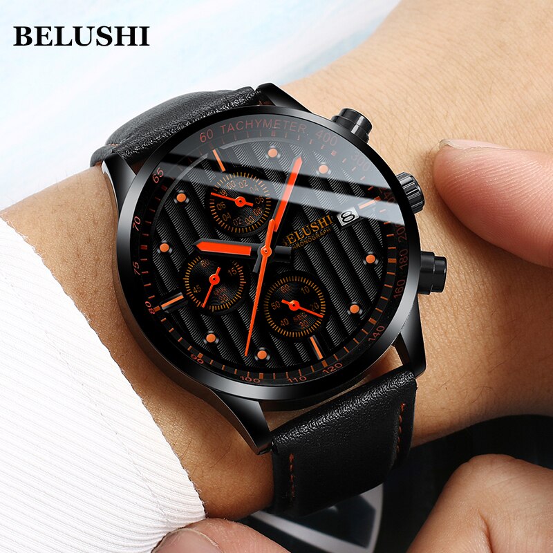 BELUSHI moda skórzane męskie zegarki chronograf sportowy zegarek kwarcowy mężczyźni biznes wodoodporny zegarek luminescencyjny Relogio Masculino