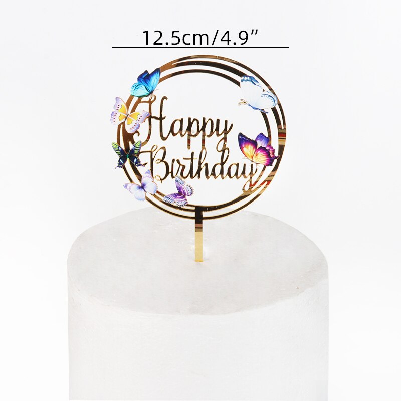 Décoration de gâteau joyeux anniversaire, bordure de couronne de fleurs et papillon, fée filles, fête d'anniversaire, Baby Shower, acrylique, décoration de gâteaux: a01