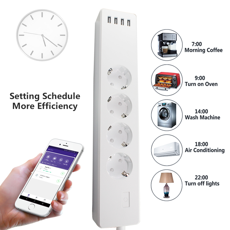 Wifi Smart Power Strip 4 EU Outlets Plug with 4 USB Charging Port Timing App Voice Control Work with Alexa Google Home Assistant