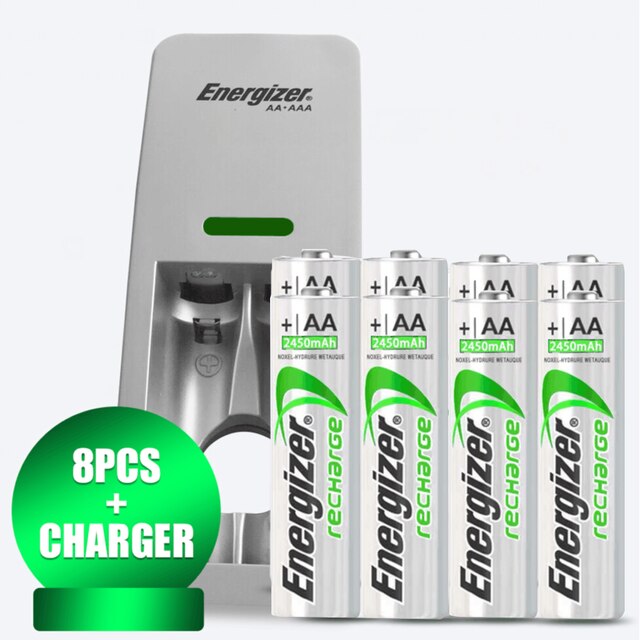 Energizer 1.2V 2450mAh AA NI-MH NIMH Rechargeable Battery For Camera Toy Mouse Flashlight MP3 Remote Control+2 Slots USB Charger: 8PCS