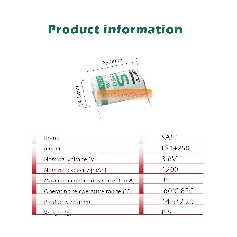 20 Stks/partij Originele Saft Ls 14250 LS14250 1/2 Aa 1/2AA 3.6V 1250 Mah Plc Lithium Batterij met Pins
