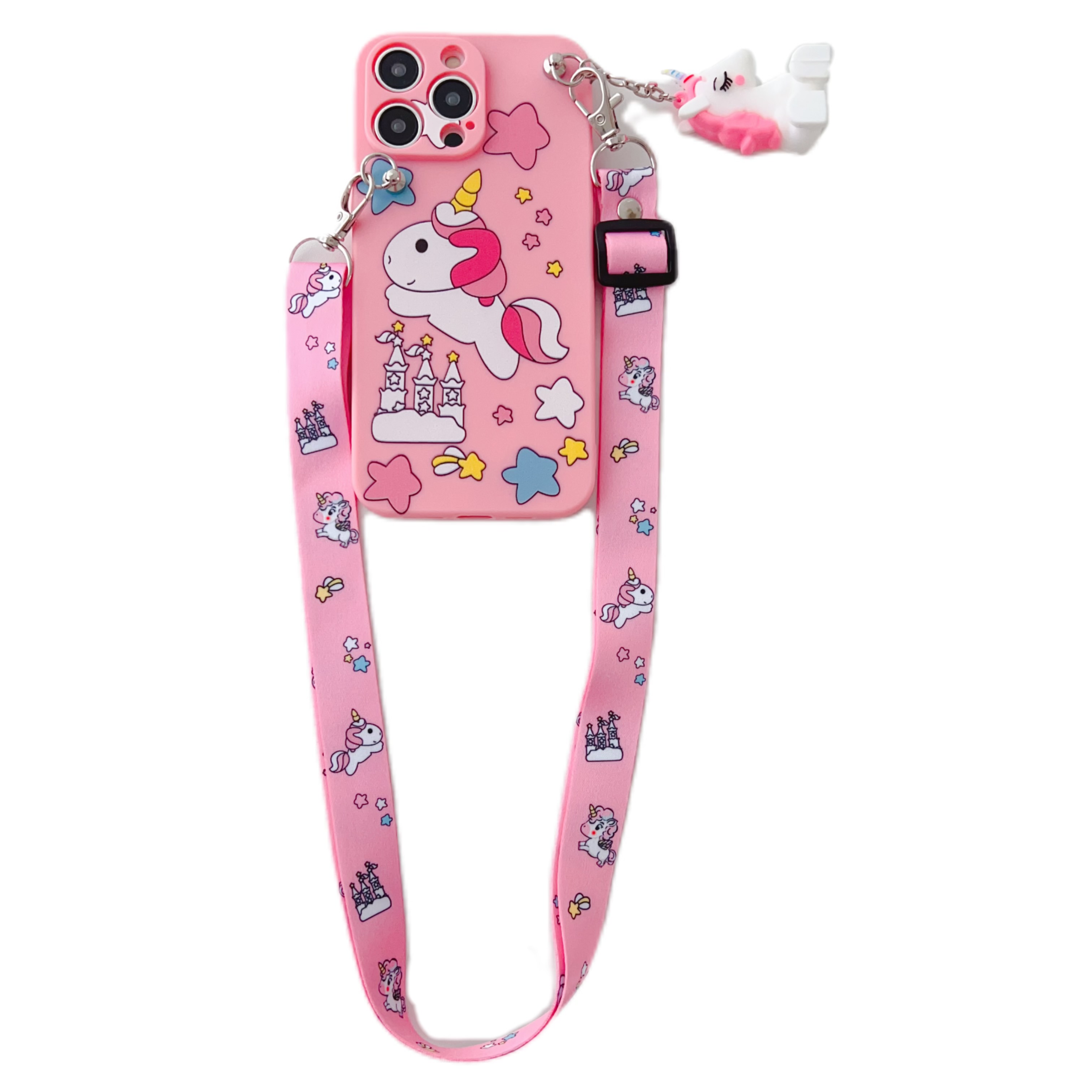 Unicornio para iPhone 6 6s 7 8 X Xs Max XR 11 12 13 14 15 Pro SE Max Funda con cuerda de soporte: PU / Negro