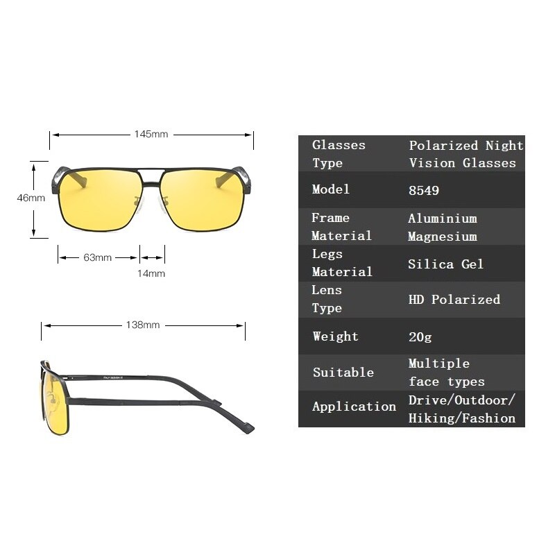 Yso nattesynsbriller mænd kvinder aluminium magnesium polariseret gul firkantet nattesyn beskyttelsesbriller til kørsel anti blænding 8549