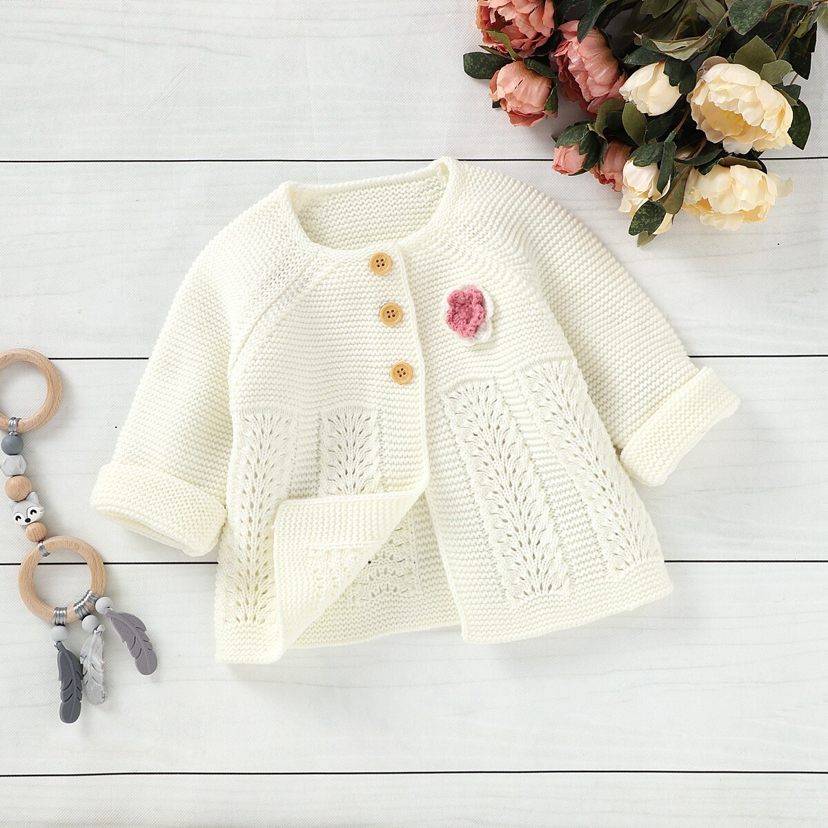 Emmababy Autumn Infant Baby Girls White Single Breasted Lovely Flower Sweater Casual Cardigan Knitted Outfits