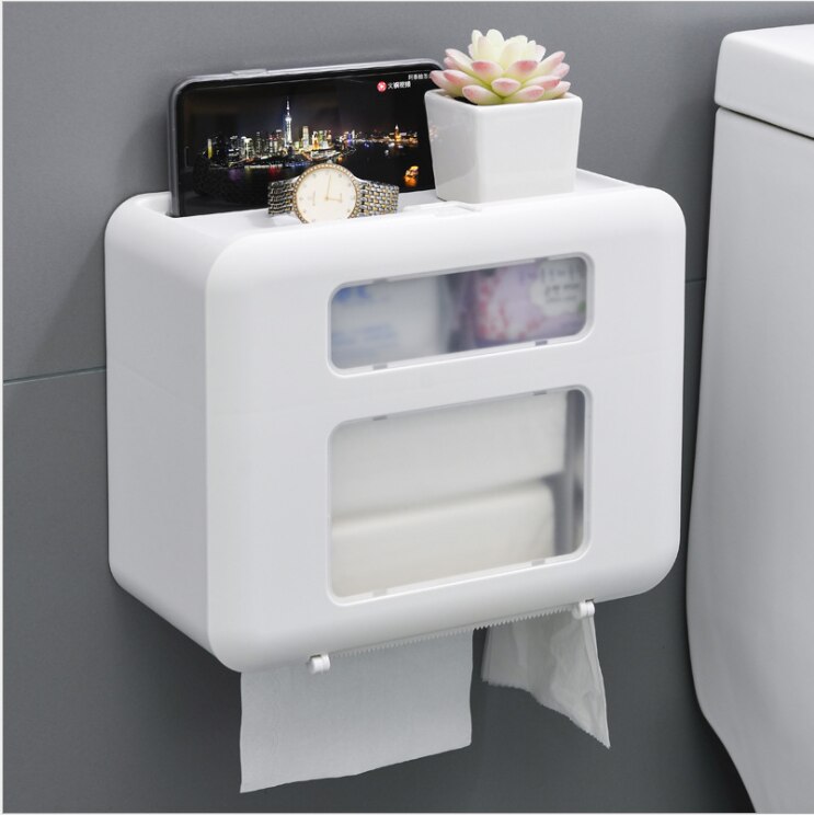 Vandtæt toiletpapirholder til toiletpapir håndklædeholder badeværelse dispenser opbevaringsboks toiletrulleholder vægmonteret: Hvid