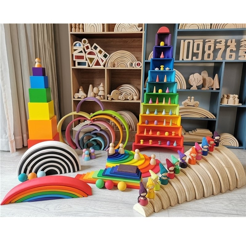 Duże drewniane tęczowe klocki drewniane kulki płyty figurki tęczowe bloki do układania w stosy Montessori miękkie ciepłe kolory klocki