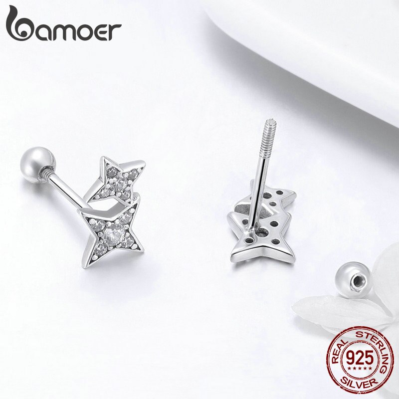 Bamoer 100% 925 sterling sølv mousserende stjerne meteor lysende krystal øreringe til kvinder sølv smykker sce 432