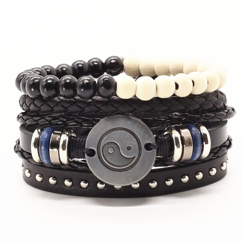 4 Stks/set Lion Cross Gitaar Charme Houten Kralen Mannen Lederen Armbanden Vrouwen Femme Homme Mannelijke Pulseras Sieraden: style 9