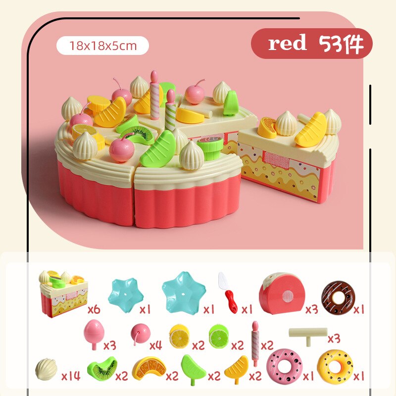 53pcs/lot Children Pretend Role Play House Toy Cutting Fruit Plastic Vegetables Food Kitchen Baby Classic Kids Educational Toys: Cake 53 pieces-red