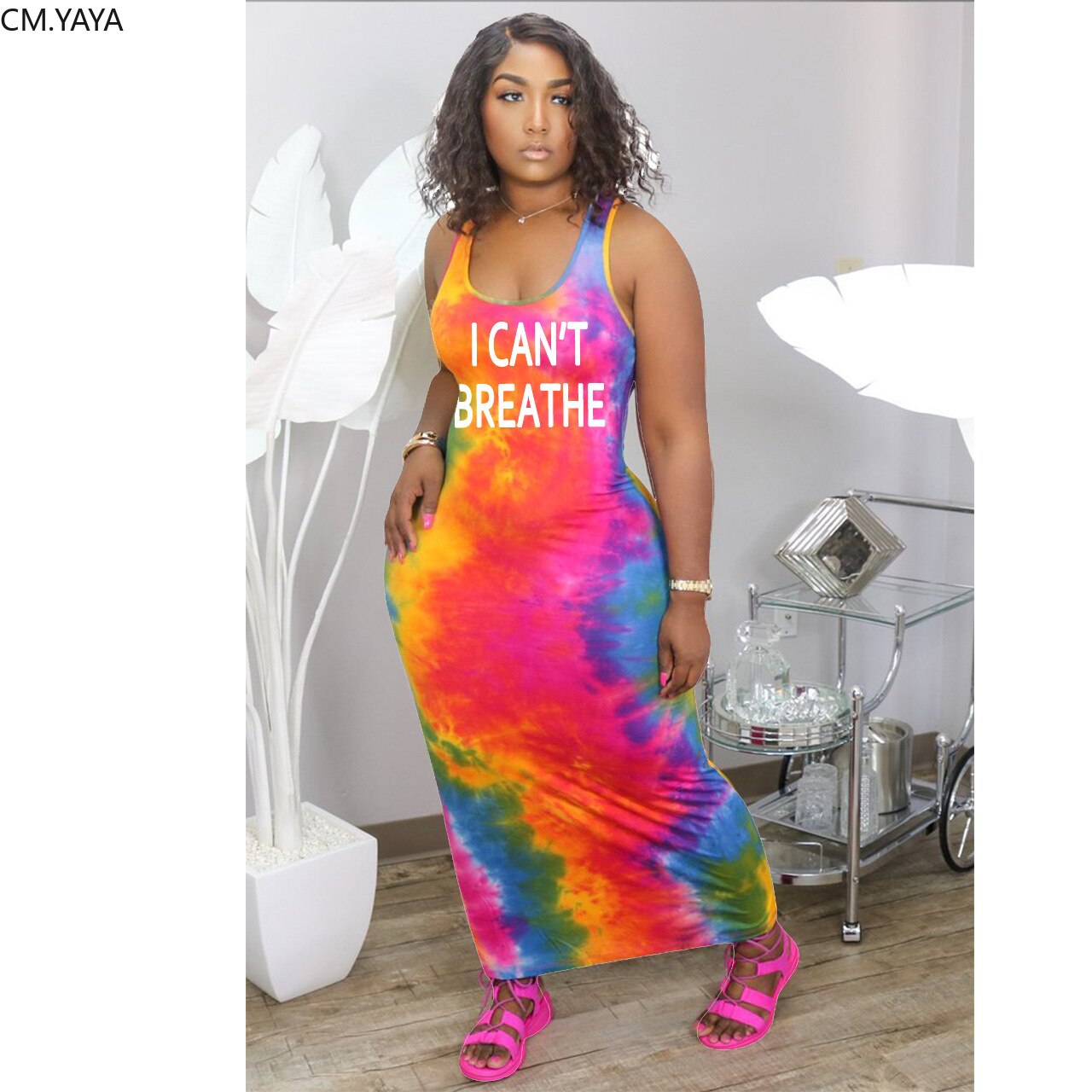CM.YAYA-Vestido largo de verano para mujer, vestido largo sin mangas, con tinte que no puedo respirar, con letras y sin mangas
