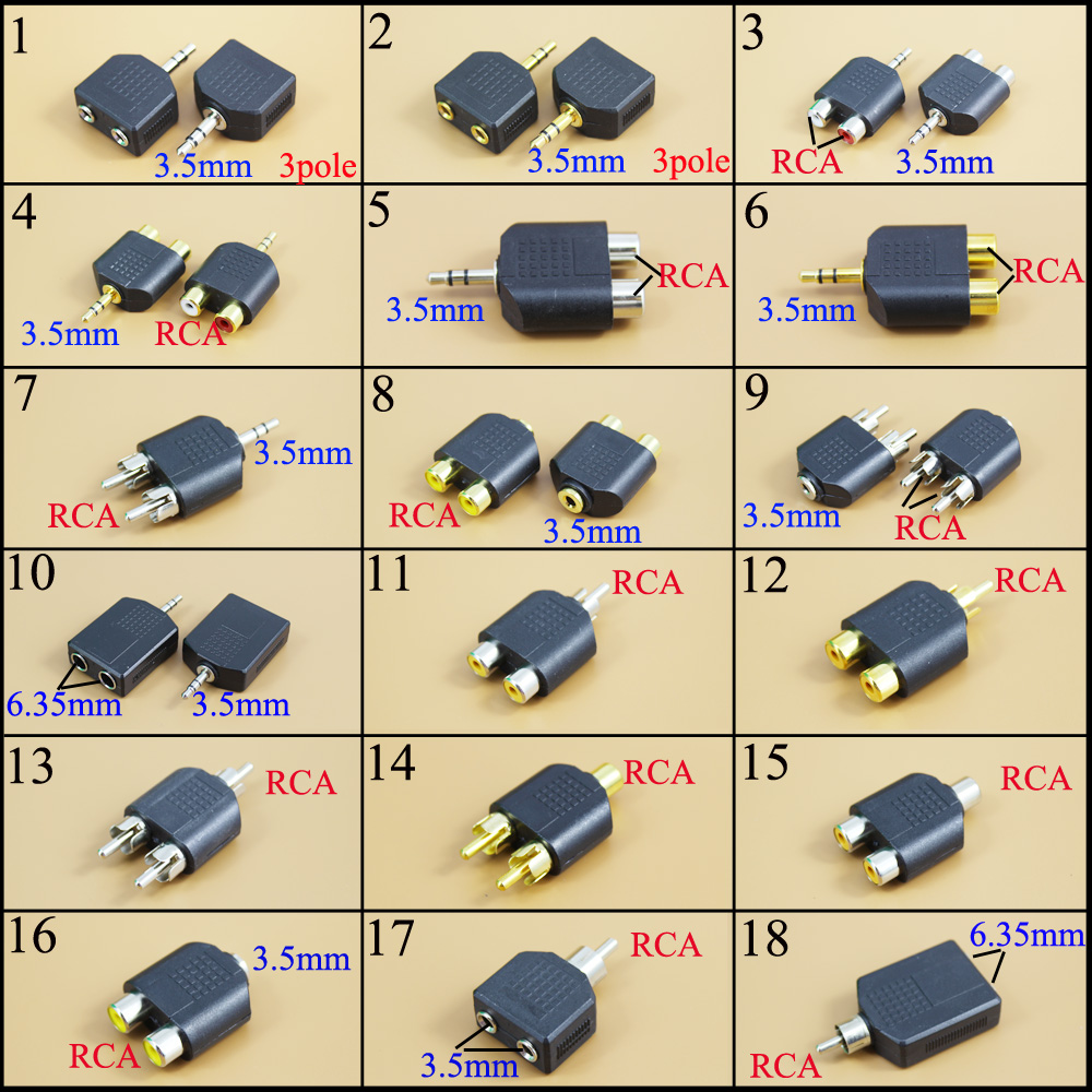 3.5mm/6.35 honkontakter  to 2 rca-hankontakter f/m eller m/f-hankontakter  to 2 dubbel rca-honkontakter av-stereoljudadapter y-kontakt splitterkontakt