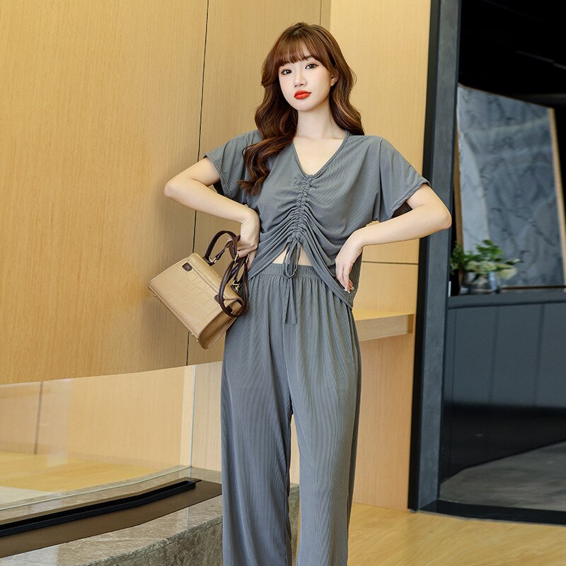 Woman 2pcs Pajama Sets V-Neck Short Sleeve Sexy Top and Elastic Waist Full Length Loose Wide Leg Pants Homewear and Outwear Set