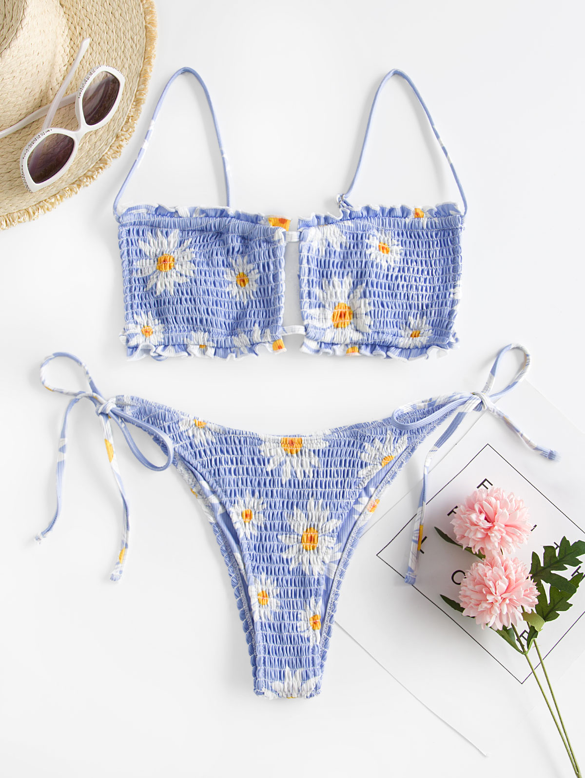 Zaful Shirred Bloemen Bralette Uitsparing Tie Side Bikini Badmode: Sky Blue / M