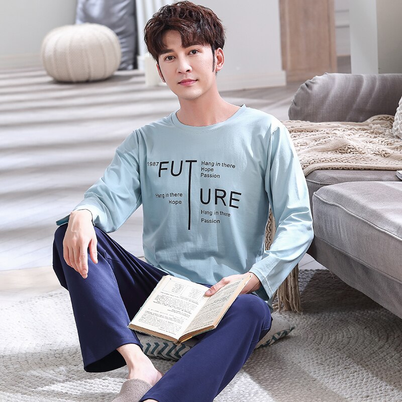 pajamas set for men sleepwear letter prints nightwear winter long sleeved nightie male plus size pyjamas autumn suit: XXXL