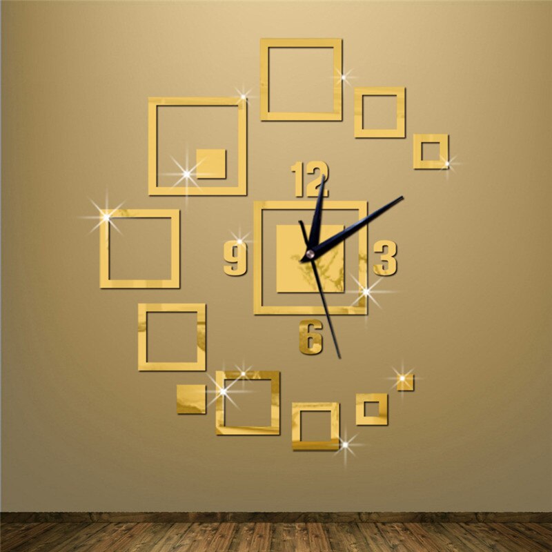 Mirror Acrylic Strickers Wall Clock Square Stacked Self-adhesive 3D DIY Stylish Art Clocks for Hall Decoration Living Room Decor