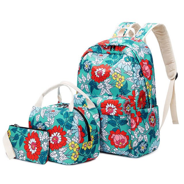 Waterdichte Bloem Afdrukken Schooltas Voor Tieners Meisjes Nylon Tas Set Vrouwen Rugzak Lunchbox Student Boek Tassen: green
