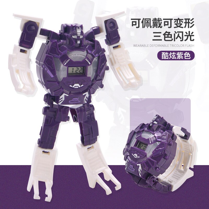 Children Transformation Electronic Watch Jingang Toy Dinosaur Turning Robot Iron and Steel Shining Transformation Watch: Shining Robot Watch Purple