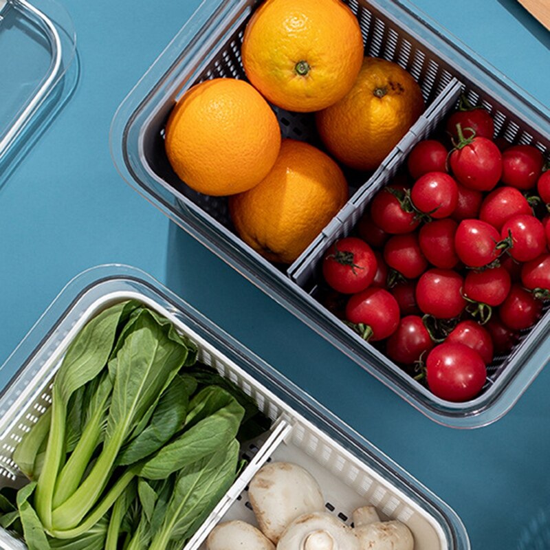 Cesta de drenagem alimentos fresco-mantendo armazenamento caixa de lavagem de plástico frutas e vegetais dreno cesta geladeira organizador