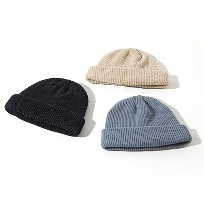 Gorro de punto acanalado con puños para mujer, gorro de melón corto Unisex de punto acanalado de Color sólido, gorro holgado Retro de esquí, gorro de pescador Docker