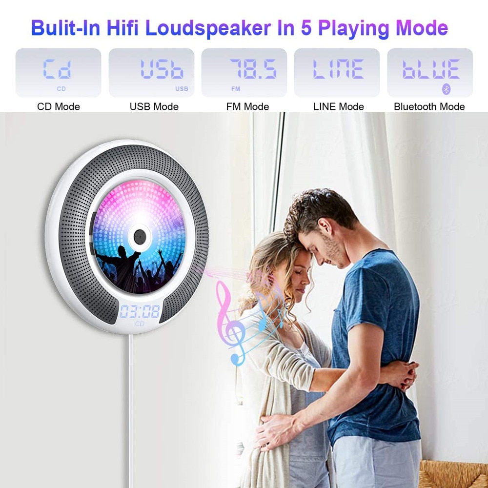 Wall Mountable CD Player With Bluetooth Built-in Loudspeaker LCD Display Home Audio Boombox Remote Control Support FM Radio